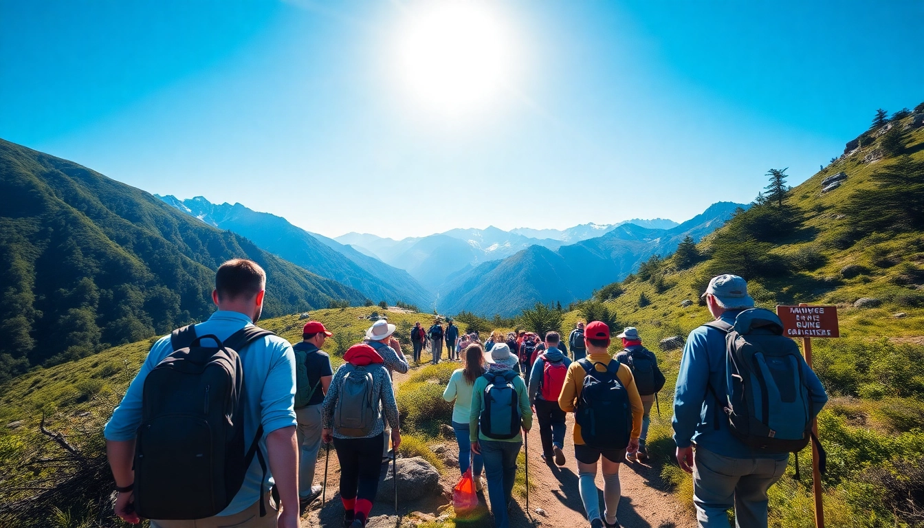 Guided trek through lush mountain landscape with explorers led by expert guide, featuring scenic views and trekking gear for adventure.
