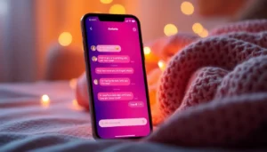 An AI chat application interface on a smartphone in a cozy setting.