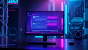 An advanced AI chat interface on a futuristic computer screen with neon accents in a cyberpunk setting.
