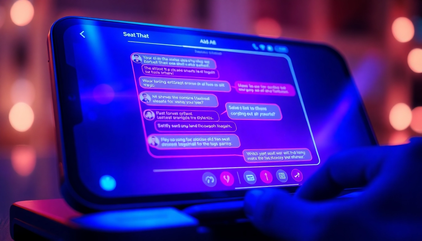 Futuristic AI chat interface with neon colors and sensual design elements on a sleek device screen.