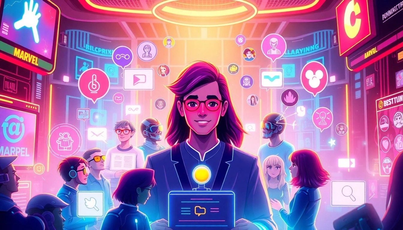 Futuristic virtual social media scene with avatars and AI characters in a colorful digital environment.