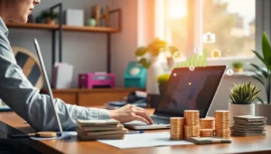 Make money online with a person working on a laptop, earning income through digital means, symbolizing financial growth and opportunity for users.