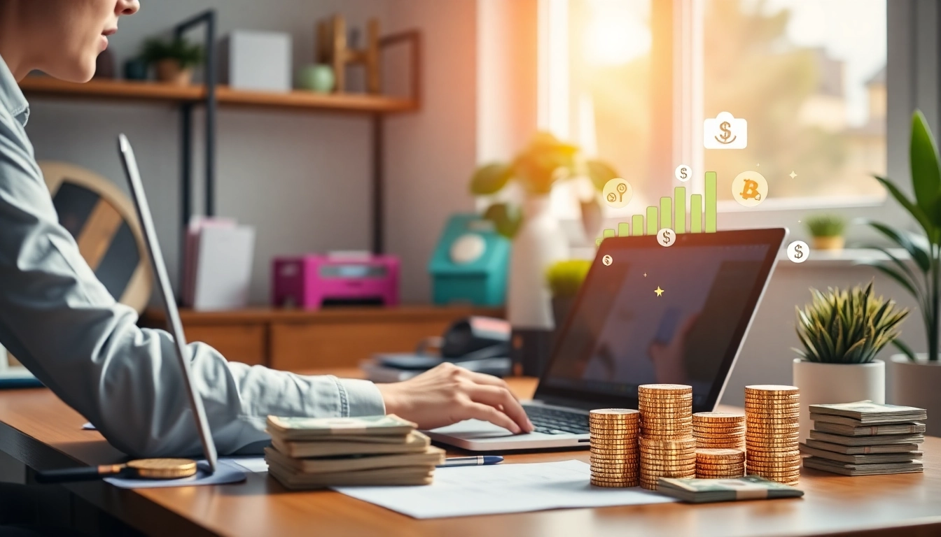 Make money online with a person working on a laptop, earning income through digital means, symbolizing financial growth and opportunity for users.