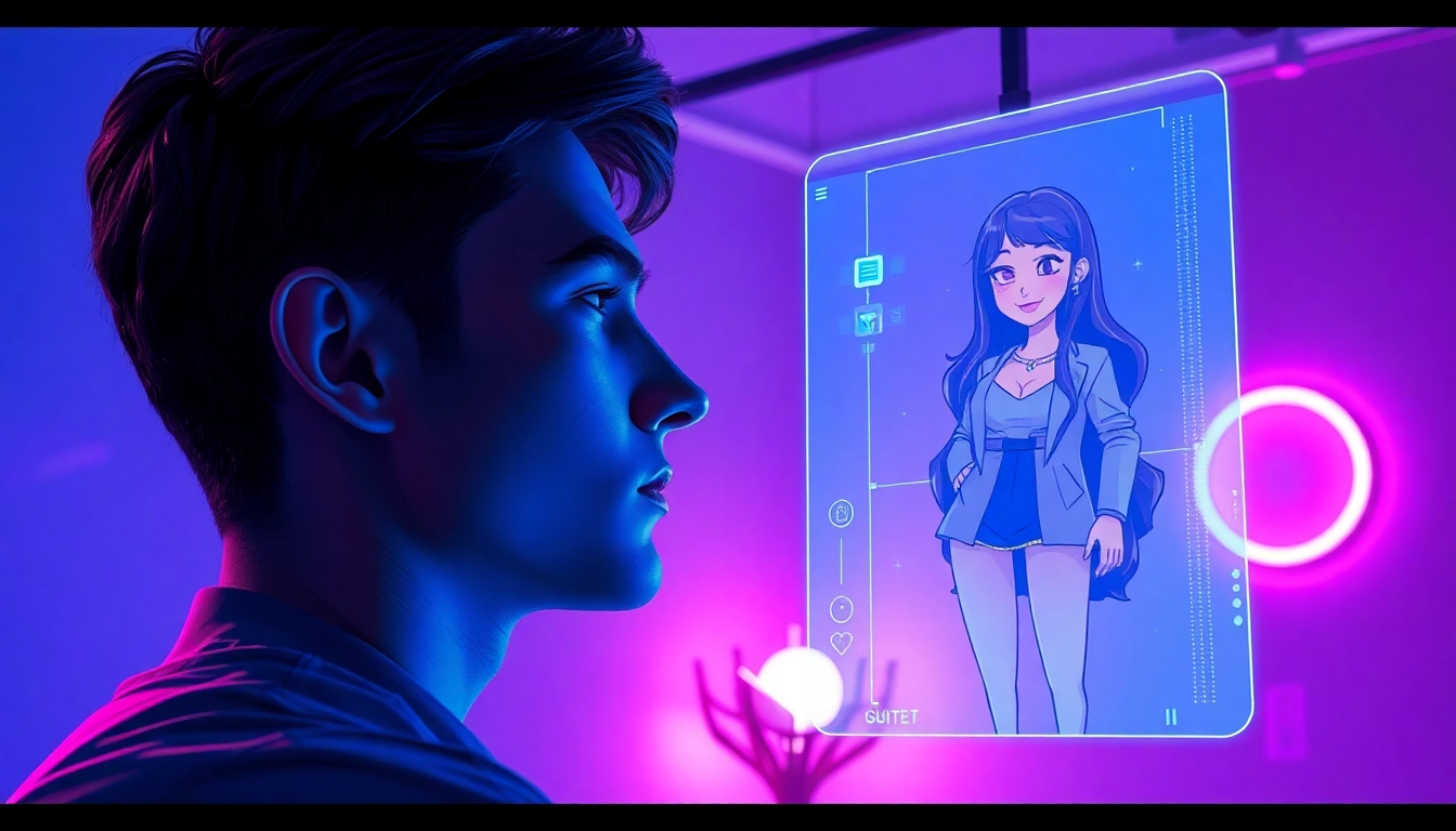 A person interacting with a holographic AI girlfriend in a modern room with neon lighting.