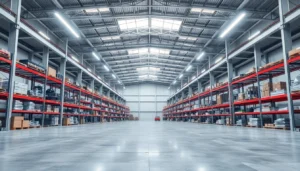 Moderne LED-Industriebeleuchtung in einer großen Lagerhalle