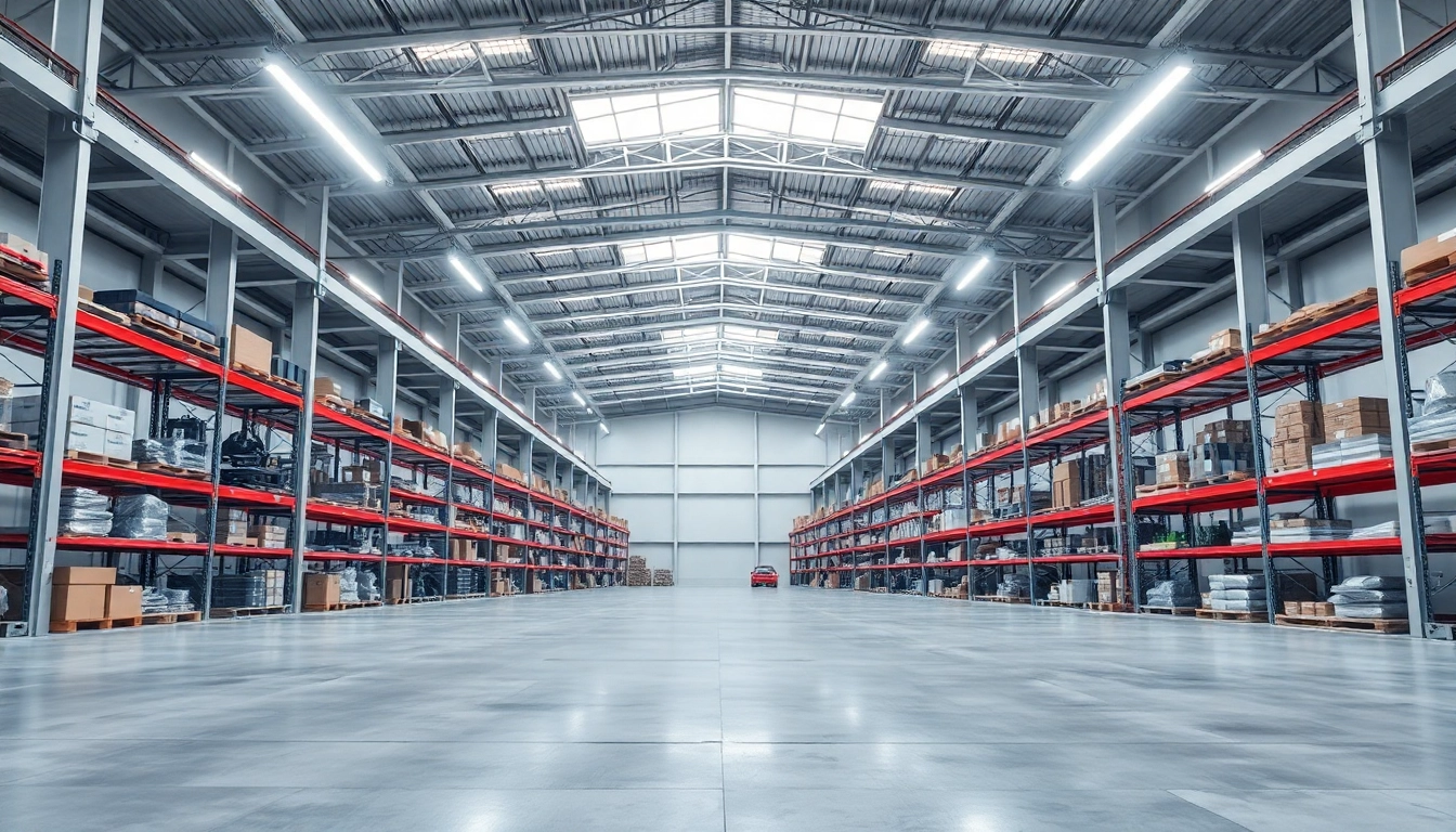 Moderne LED-Industriebeleuchtung in einer großen Lagerhalle