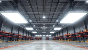 Moderne Industriehalle mit LED-Beleuchtung, helle und effiziente Ausleuchtung