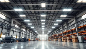 Große Industriehalle mit moderner LED-Beleuchtung