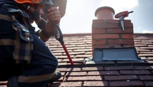 Skilled technician performing chimney repairs on a classic brick chimney, ensuring safety and durability.
