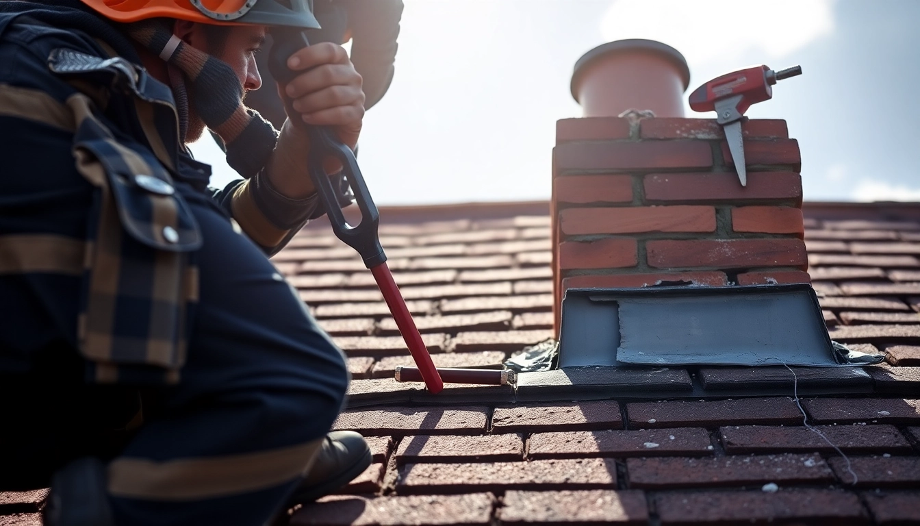 Skilled technician performing chimney repairs on a classic brick chimney, ensuring safety and durability.