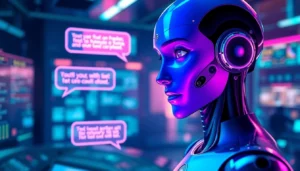 Futuristic AI character engaging in digital roleplay with vibrant neon lighting and high-tech environment