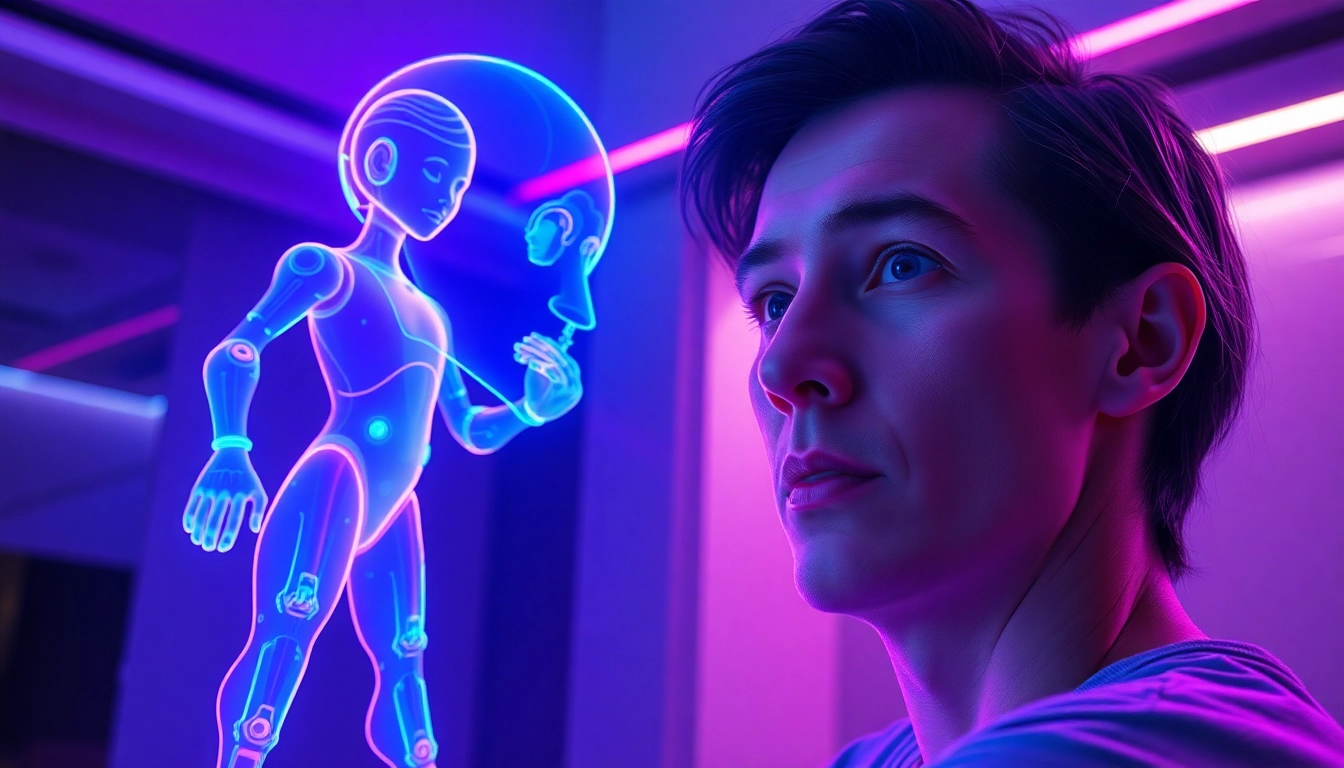 An immersive scene of a person engaging with a glowing holographic AI avatar in a modern, neon-lit room.
