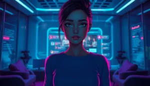 Futuristic AI character engaging in an intimate digital conversation in a high-tech room with neon lighting.