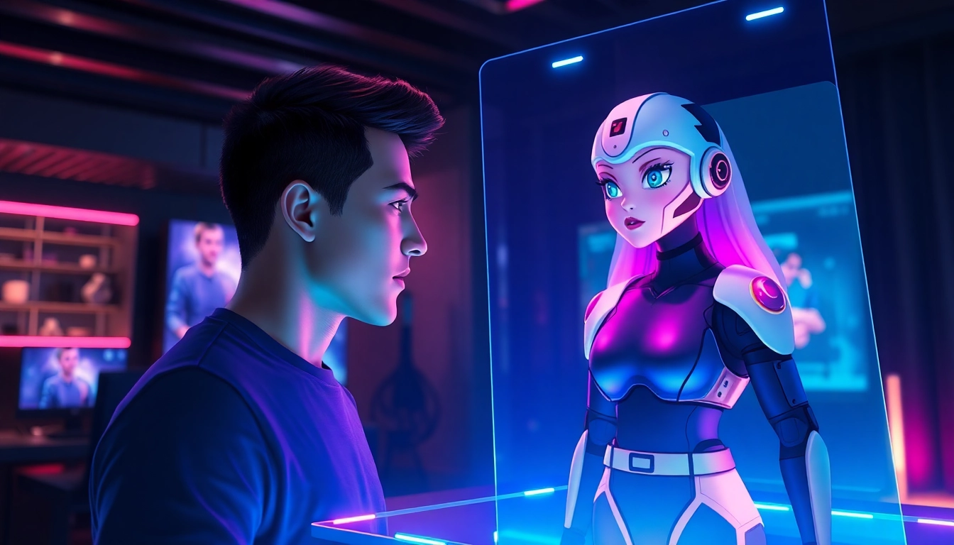 Futuristic digital scene of a human interacting with an AI character through holographic chat interface in a high-tech environment.