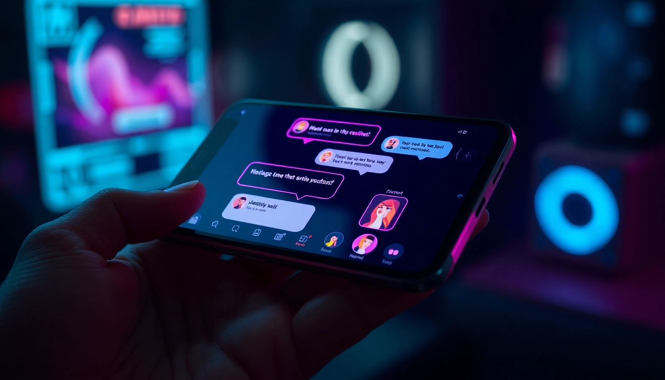 Close-up of a smartphone displaying a vibrant, futuristic AI sexting app interface with colorful chat bubbles and customizable avatars.