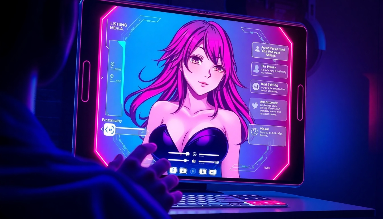 Futuristic AI interface with anime-style avatar engaging in unfiltered NSFW chat on a holographic screen.