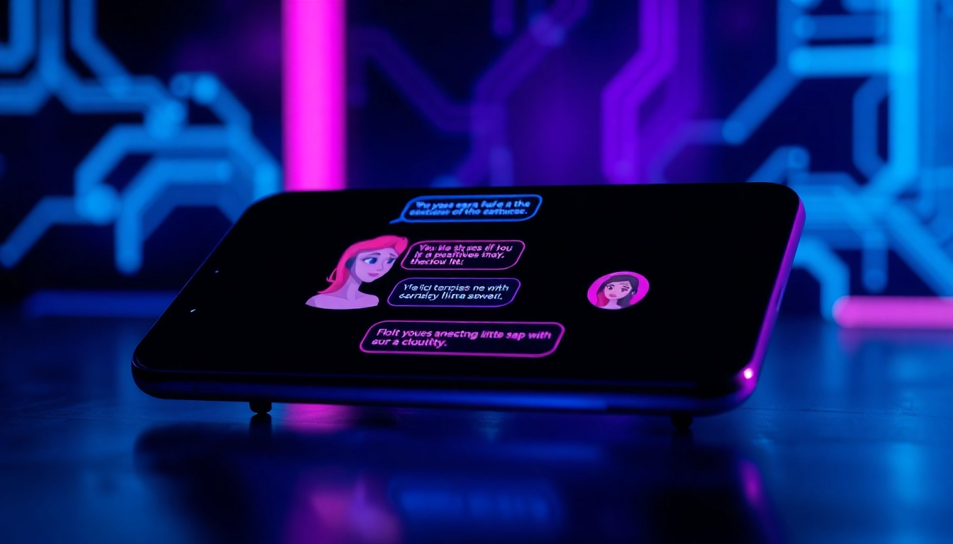Futuristic digital chat interface with customizable AI characters on a sleek device, vibrant neon colors and immersive design.