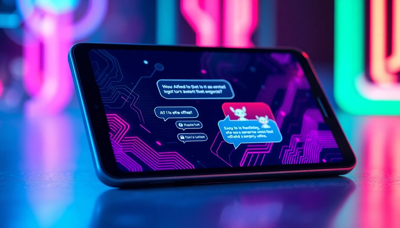 Close-up of a futuristic chat interface on a device, with colorful AI characters and glowing neon accents.