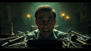A distressed Harvey in a dark room surrounded by disturbing tools, expressing fear and pain.