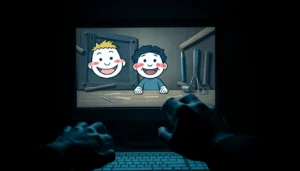 A disturbing scene of a computer screen showing Harvey, a cheerful cartoon character, with tools of violence nearby and a hand hovering over the mouse, indicating moral conflict.