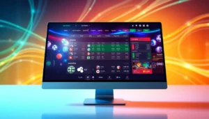An illustration of an online sportsbook and casino platform on a digital device with sports icons and betting odds, set in a modern, high-tech environment.