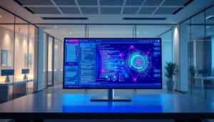 A futuristic workspace with advanced AI interface and holographic editing visuals.