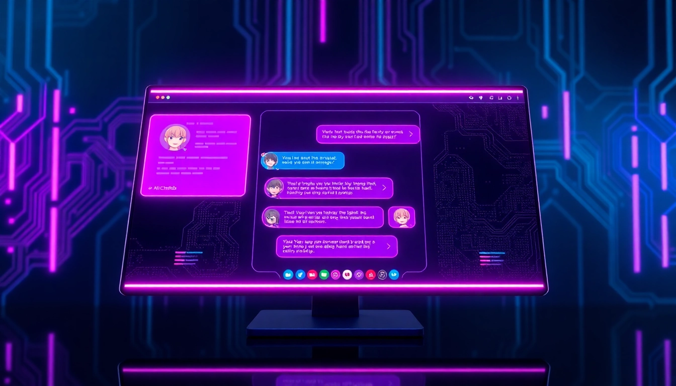 Futuristic AI chatbot interface with neon accents and anime-style avatars on a sleek screen.