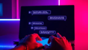 Futuristic digital chat interface on a high-tech screen with neon accents, showcasing adult-themed conversation bubbles in a sleek, modern setting.