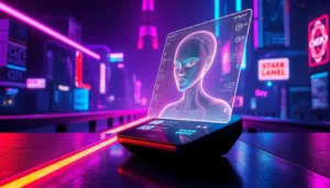 Futuristic cyberpunk scene with a seductive AI hologram on a high-tech device in a neon-lit cityscape.