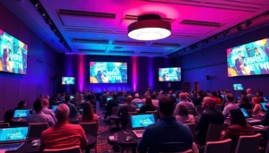 Hybrid Events Köln: Dynamic conference with seamless virtual and live interaction, vibrant tech setup.