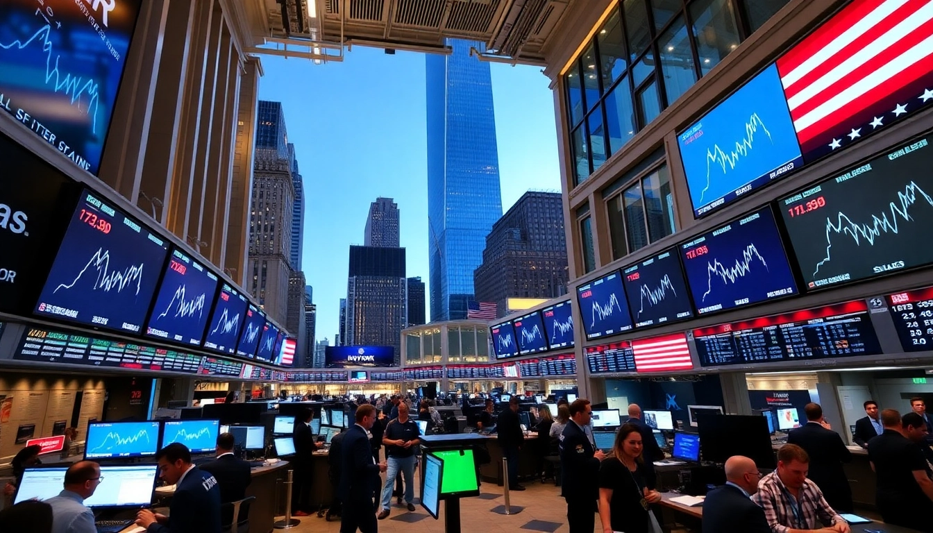 Stock Market New York bustling trading floor with active traders and digital graphs