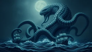 Kraken depicted as an ancient Nordic engraving showing a giant sea monster wrapping ships in